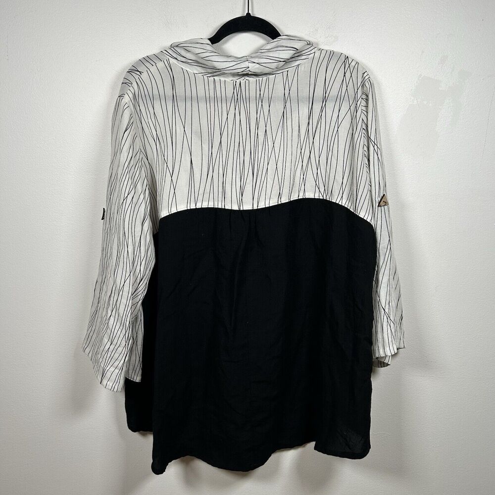 Fridaze Linen Black White Cowl Neck 3/4 Sleeve Tunic Blouse Top Sz 0X Lagenlook - Picture 4 of 8
